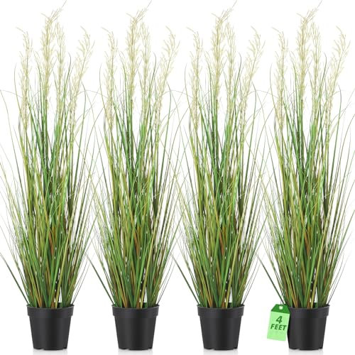 Jexine 4 Pcs 4 ft Tall Artificial Grass Plant Potted Artificial Greenery Floor Plants Faux Pampas Grass Tall in Pot for Housewarming Gift House Garden Bathroom Lobby Outdoor Decoration