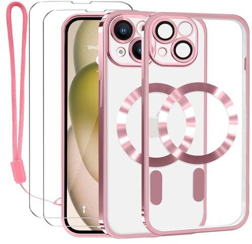 Lafunda Coque pour iPhone 15 Transparente Aimantée Violet foncé | 2×Verre Trempé et Caméra Protecteur Coque Compatible avec MagSafe Magnétique Film Protection D'écran