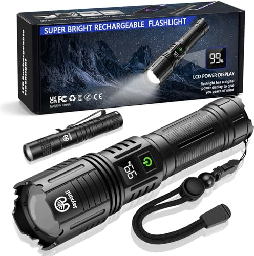 Jayxinli Torcia LED Potente Professionale, 500000 Lumen Torcia LED Ricaricabile, Torcia Potentissima con Display LCD, Torcia Professionale con 5 Modalità Di Illuminazione e Zoom