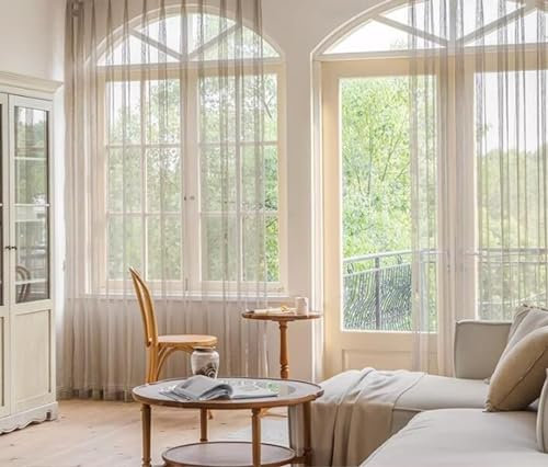 Daesar Braun Vorhänge mit Haken 2er Set 132x214CM, Vorhänge Lichtdurchlässig Einfarbig mit Gestreift Motiv Französisch Gardinen Halbtransparent Schlafzimmer Wohnzimmer Küche