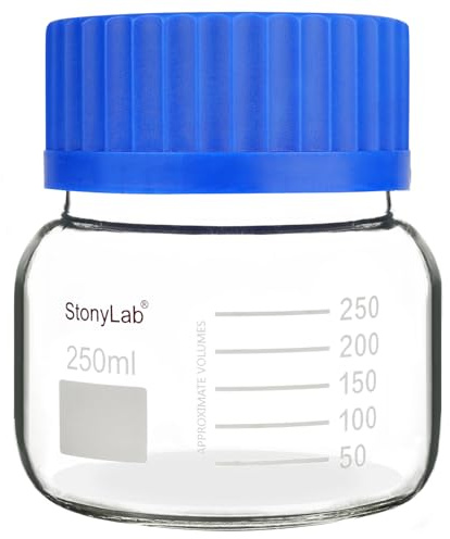 stonylab Bouteille de mesure pour stockage, flacon de réactif en verre premium avec fond rond et bouchon vissable GL80, bouteille de stockage de médias à col large hautement transparente avec