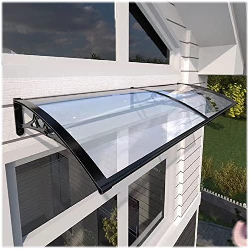 Fenstermarkise aus Polycarbonat und Aluminium für den Außenbereich, Regendach für Balkon, Haustürvordach, Dachtraufe für Hoftür, transparentes Dach/Schwarze Halterung, UV-beständig (60 x 100
