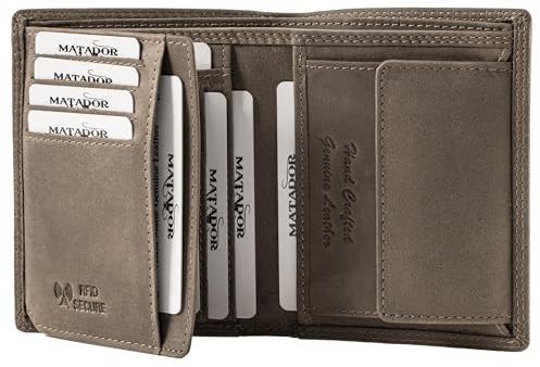 MATADOR Herren Geldbörse Leder #VIGO mit edler Geschenk Box, Elegante Geldbörse Herren RFID Schutz, Luxus Geldbörse Viele Kartenfächer in Grau