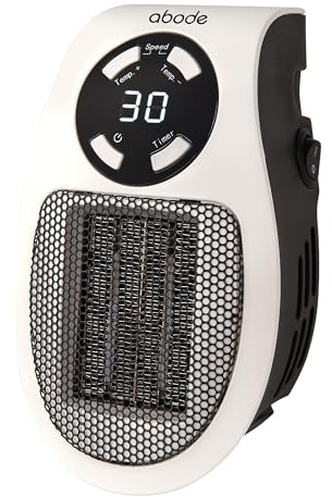 Abode 500W Compact Portable White Ceramic Plug in Heater with 2 Heat Settings & Overheat Protection, Electric Heater, LED Display, 12hr Auto Timer, 10m2 Room Size APH1001