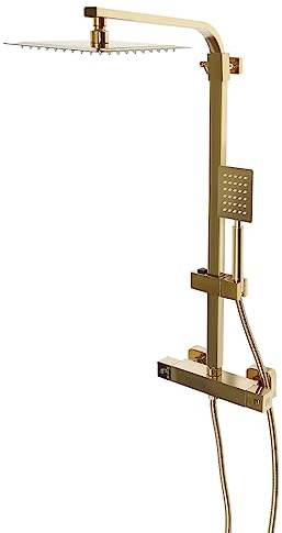 Sistema de ducha con termostato, ducha de lluvia, juego de ducha, grifo de ducha, columna de ducha para hoteles, apartamentos, grandes KTVs, oro, 23,5 x 7,8 cm
