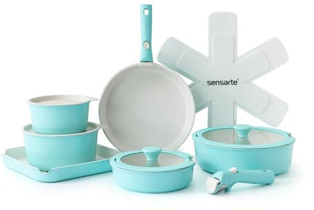 Sensarte - Juego de 17 sartenes, cerámica antiadherente, batería de cocina, asas desmontables, para inducción, sartén 20/26 cm, cacerola 16,5/20 cm, wok 26 cm, sartenes grill 26 cm, apilable, sin PFOA
