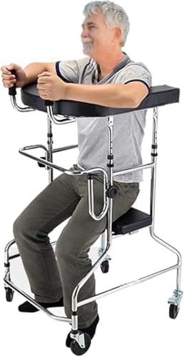 XIAGJAO Robuster faltbarer Gehwagen, Gehhilfe mit Sitz für Senioren, Handicap, Doppelarmstütze, Gehgestell aus Aluminium, Silber