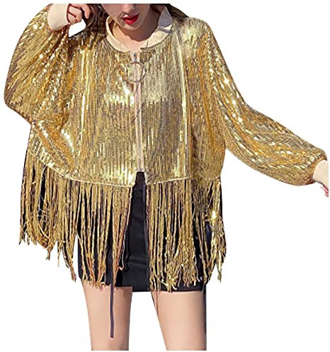 Darringls Damen Glitzer Pailletten Jacke Hiphop Langarm Lametta Fransenjacke Bomberjacke Reißverschluss Fliegenjacke Bikerjacke Outwear Festliche Jacke Karneval Party Outfit