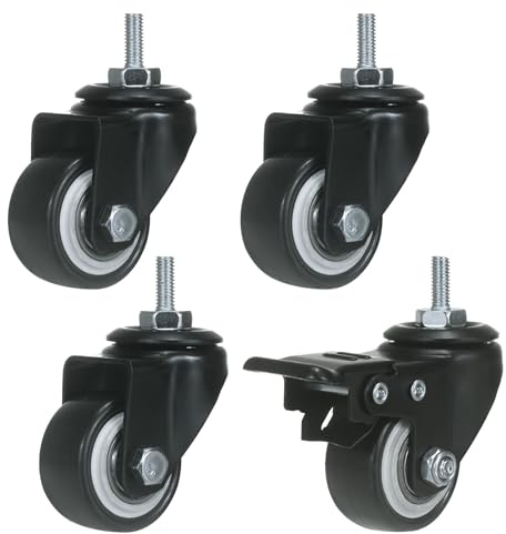 ZIIYAN 1.5 inch Stem Caster Wheels, Black Threaded Stem Caster Wheel，M6 x 15mm PU No Noise Swivel Castors with 360 Degree Rotation, Pack of 4 (One with Brake)
