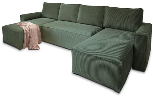 Masseno Ecksofa ASPRA mit Schlaffunktion U-Form, Sofa mit Bettkasten, Wohnzimmersofa, Couch, Soffa, Bettsofa, Couchgarnitur- Grün, POSO 14