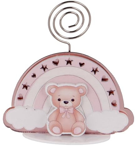 Doni Bomboniere Battesimo 12PZ Memoclip con Orsetto Fiocco Nascita Rosa alle Spalle Un Arcobaleno Decorato da Stelline E Cuoricini Idee Regalo Complete Originali Economiche