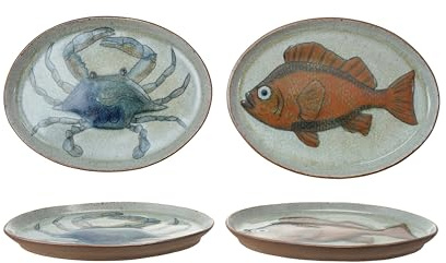 Creative Co-Op 4-Piece Stoneware Plate with Sea Life, Multicolor