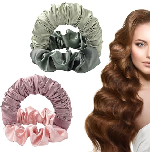 SacJkt Haargummi Damen, 2 Stück Heatless Curling Scrunchies Für Frauen, Weiche und Elastische, große Scrunchies Haargummi für Pferdeschwanzhalter, Styling-Zubehör(Grün + Rosa)