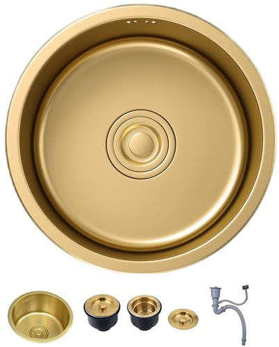 KOOGIMDDR Évier rond doré 40 cm – Petit évier encastrable camping-car et petite cuisine en acier inoxydable doré avec bonde et siphon inclus – pour food truck, bureau, vanité – Cuve unique design