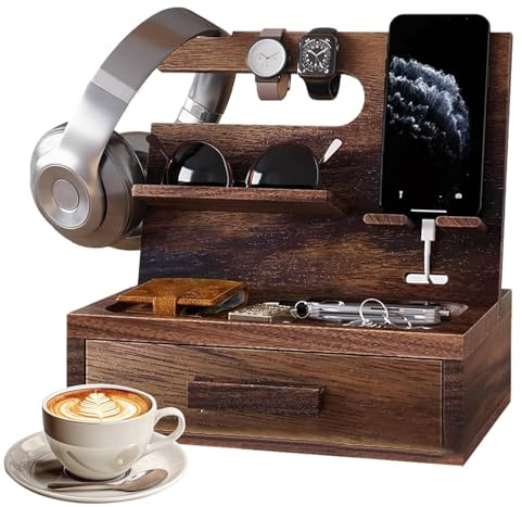 Organizer per comodino, docking station per telefono in legno con cassetto portaoggetti, supporto per chiavi, portafoglio, orologio, da scrivania per marito e papà, 24 x 20 x 19 cm, uso