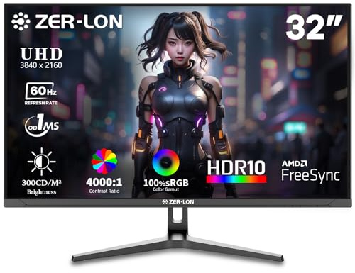 ZER-LON 32 4K UHD (3840x2160) Computer Monitor, 60Hz IPS Ultra Clear Display, 100% sRGB, Eye/Flicker Free Mode, FreeSync, Built-in Speaker