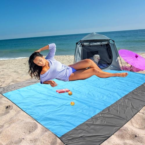 DARENYI Stranddecke Sandfrei Picknickdecke 210 x 200 cm, Ultraleicht & Wasserdicht Strandtuch Strandmatte mit 4 Befestigung Ecken für Strand Camping, Reisen, Outdoor Wandern (Blau/Grau)