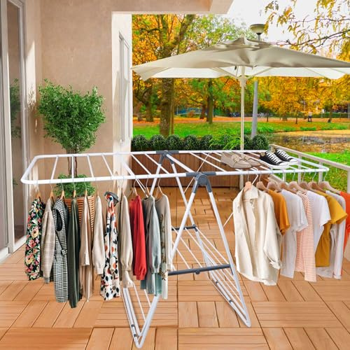 HUOLE Étendoir à Linge Pliable, Réglable en Acier Inoxydable Étendoir à Linge pour Sécher Les Vêtements avec Ailes pour Intérieur Extérieur-147 x 60 x 98,5 cm (Blanc)