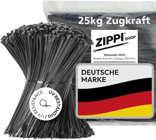 Kabelbinder 300mm Schwarz (1000 Stück) | 300mm x 4,8mm - 25kg Zugkraft | Kabelbinder uv beständig | Cable clips für Elektroinstallation & Kabelmanagement | Zip Ties/Cable Ties