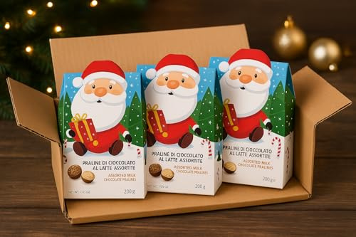 Scatola Natalizia Con Praline Di Cioccolato Al Latte Assortite, Confezione Da 3 Pezzi Da 200g, Idea Regalo Perfetta Con Confezione A Tema Babbo Natale Da Condividere Durante Le Feste