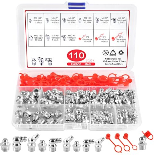 URAQT 110 Pcs Surtido de Rácores Engrasadores M6 M8 M10 Recto y en ángulo de 45° 90° Métricas Boquillas de Pistola Engrase de Niquelado, Surtido de engrasadores para Equipos Mecánicos Autos camiones