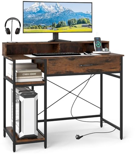 GIANTEX Escritorio de Ordenador con Cajón, 2 Estantes Laterales y 2 Cubos Abiertos, Mesa de Trabajo con Soporte de Monitor y Estación de Carga, 106x48x90,5cm, para Oficina, Dormitorio (Marrón)