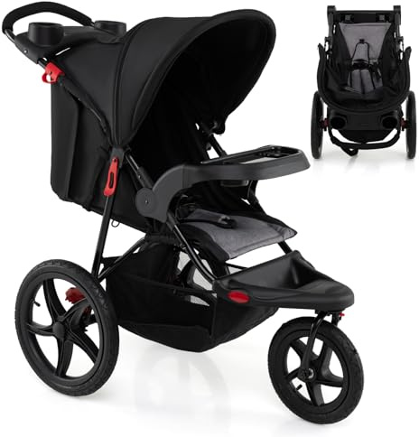 COSTWAY Passeggino Leggero a 3 Ruote, Passeggino Pieghevole con Cappotta Estensibile, Schienale Reclinabile e Portabicchieri, Carrozzina da Jogging per Bambini 0-48 Mesi fina a 22 KG
