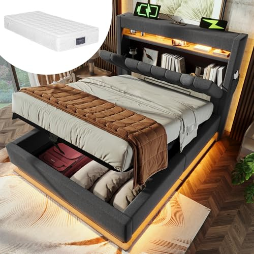 DUlVBPE 90 x 200 cm klädselsäng, enkelsäng, förvaringsutrymme med USB- och typ C-anslutningar, LED-belysning i sängens huvud- och fotänd, med hydrauliskt förvaringsutrymme, grått, linne, med madrass.