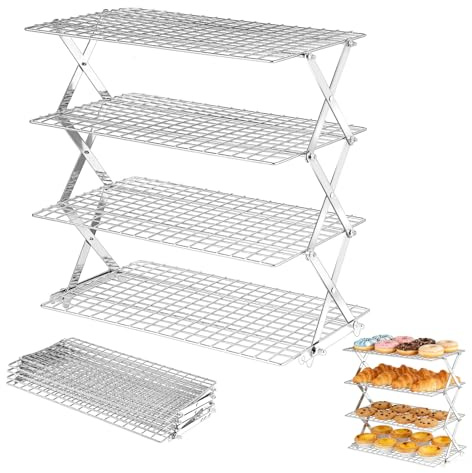 4-StöCkiges Kuchengitter AbküHlgitter Stapelbar, Antihaft-AbküHlgitter Edelstahl, Klappbares KüHlgitters Backen Geeignet FüR, Muffins, Kekse, Pizza, Grillgut (Silber)