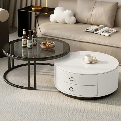 Generisch Couchtisch Rund mit Schublade Holz, Satztisch Wohnzimmertisch 2er Set, Moderne Sofatisch Kaffeetisch mit Tischplatte aus Glas und Sinterstein, Metallgestell