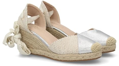 shoes&blues.es Alpargata Sandalia de Mujer con Cuna Baja de Esparto para Mujer, Detalle de Texturas. Cierre de Cintas al Tobillo atadas a la Pierna, Talon Abierto, Ideal Primavera Verano.