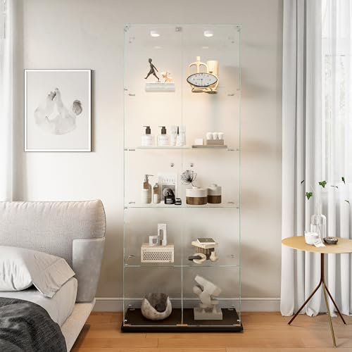 Hoscullo Stående glasvitrinskåp med LED och lås, stående vitrinskåp av härdat glas med 2 dörrar och 5 hyllor, vitrinskåp, vardagsrum, stående för figurer, modeller, pokal samlarvitrin (svart)