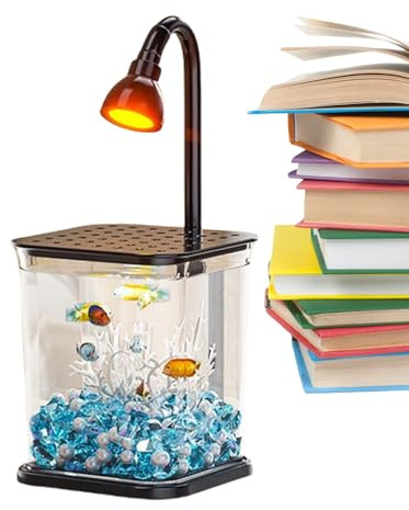 Betta Akvarium – AS 5,2 x 4,61 x 5,55 tum | Nybörjarset med stämningsfulla USB-lätta fiskhus | Akvarium för med korallblå stenar och pärlor för hemmakontoret