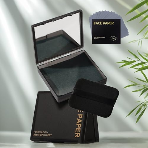 Oil Blotting Paper - 300 Sheets with Mirror, Puff & Refills, Absorbs Excess Face Oil, Controls Shine, Saves Makeup, The On-the-Go Essential for a Flawless, Matte Finish All Day (Black)