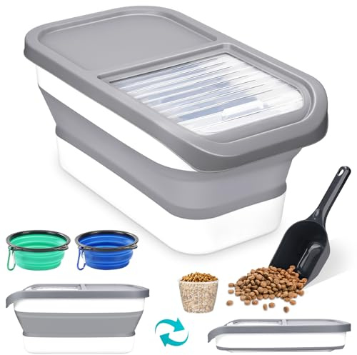Contenedor de comida para perros, contenedor de comida para mascotas, 5-8 kg, caja de almacenamiento plegable con tapa, cuchara, vaso medidor, caja de comida para perros, contenedor de comida para