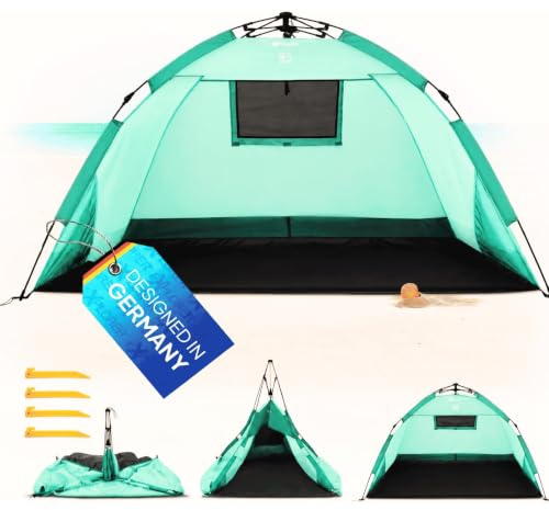EXPLORER Automatik Strandmuschel mit UV Schutz 80+ [190x100x110cm] kleines Packmaß leicht und schnell in Sekunden aufgebautes Strandzelt Sonnenschutz Muschel automatisch Windschutz Mint