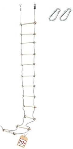 h2i Strickleiter - Länge 180 cm – Kletterleiter mit 5 Holzsprossen – Hängeleiter aus Holz + Karabiner für Garten & Konstruktionen (16)