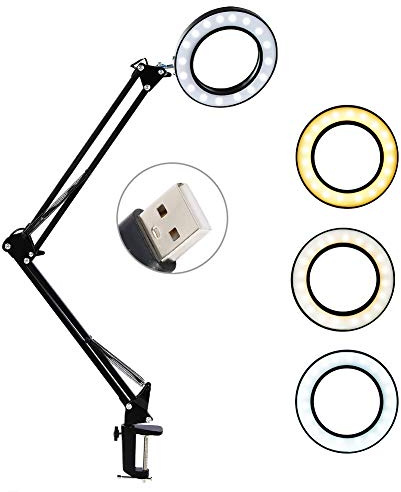 Lampada da Scrivania USB con Lente d Ingrandimento 8x LED 3 Temperature Colore Flessibile per Trucco Nail Art Tattoo Bellezza