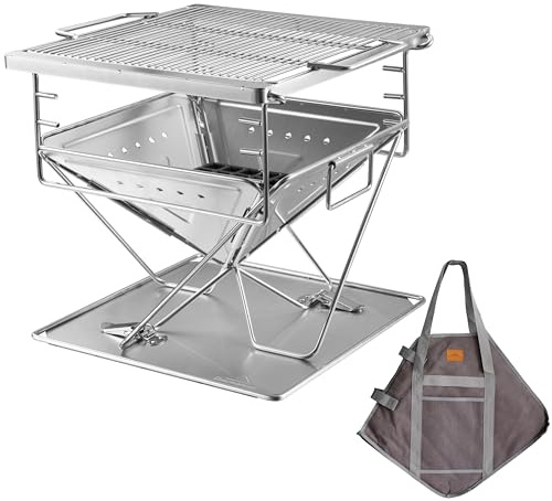 CAMPINGMOON 3-i-1 bärbar träbraskande grill i rostfritt stål och eldstad 35 x 39 cm med bärväska MT-035