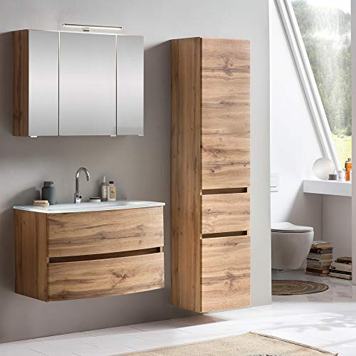 Lomadox Badezimmer Waschtisch Kombi in Wotaneiche Nb. mit Glasbecken weiß, BxHxT: ca. 140x200x49 cm