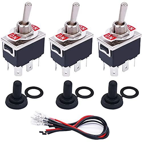 Taiss/3 Stücke Kippschalter Heavy Duty 6 Pin 2 Position ON/ON DPDT 16A 250VAC Spade Terminal Metall Bat Switch mit wasserdichter Schutzkappe und 6,3 mm Anschlussdrähten TEN-1321MX-B202