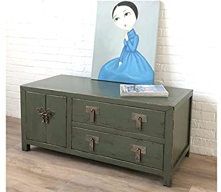 OPIUM OUTLET TV-Schrank Kommode Sideboard Lowboard Fernsehschrank chinesisch Vintage Landhaus-Stil asiatisch orientalisch Oliv-grün
