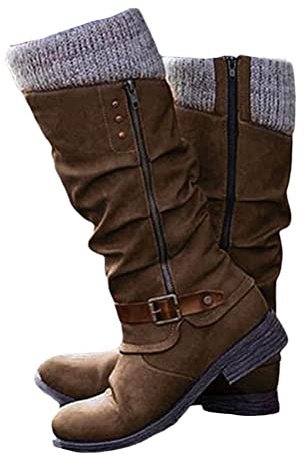 Onsoyours Overknee Stiefel Damen Warme Winterstiefel Mit Blockabsatz Langschaft Boots Flach Casual Cowboy Stiefel Reißverschluss Klassisch Westernstiefel Winterschuhe