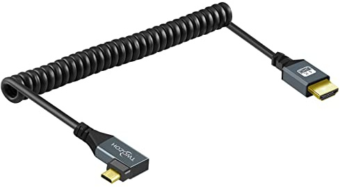 Twozoh Spiralkabel mit links abgewinkeltem Micro HDMI auf HDMI Kabel, 90 Grad gedehnt, Länge 30cm bis 150cm, unterstützt 3D/4K 1080p