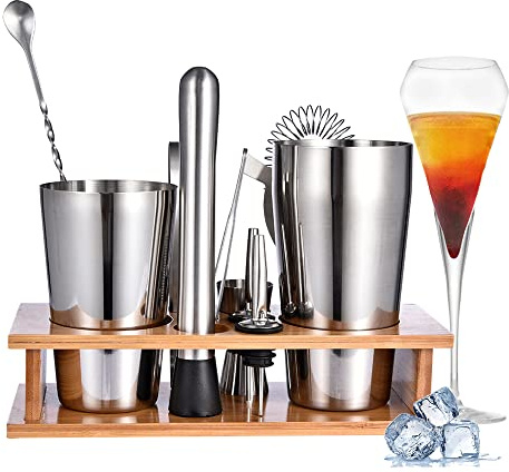 FUYTERY 11 Pezzi Boston Bar Bartender Kit Cocktail Shaker Set Acciaio Inossidabile con Elegante Vassoio di Bambù