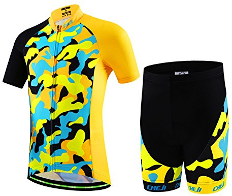SXSHUN Radtrikot Set Kinder Jungen Mädchen 2tlg Fahrrad Trikot Kurzarm Fahrradtrikot Radhose mit 3D Sitzpolster Schnelltrocknend Radsport Bekleidung, Gelb Camouflage, 146