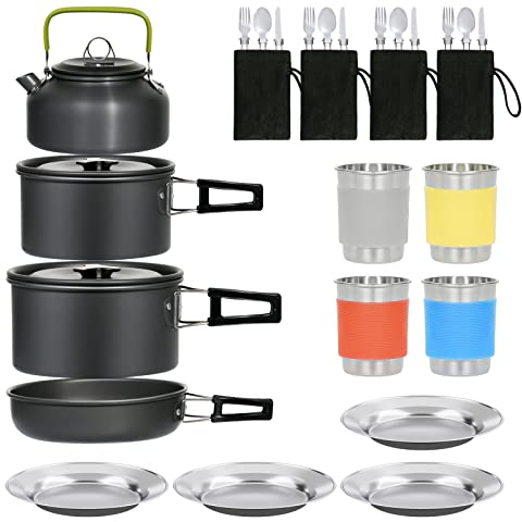 Camping-Kochgeschirr (Wasserkocher, Bratpfanne und Doppeltopf, leicht, faltbar, Outdoor-Geschirr, 4-Personen-Set, tragbarer Familienreise-Picknick-Kocher, Team-Wanderausrüstung-Set