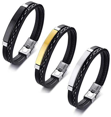 Skcess Magnetarmband Herren Silber，Identifikationsarmbänder Curved Tag Pu-Leder Gewebtes Armband Rostfreier Stahl Schmuck für Männer 18Cm