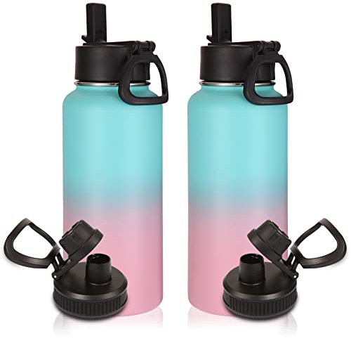 Volhoply 1 Liter Trinkflasche Edelstahl Zwei Packungen,Doppelwandig Vakuum Isolierte Thermosflasche mit Strohhalm,Metall BPA-Frei Thermoskanne für kinder, Schule, Outdoor(Grün-Rosa Farbverlauf,2 Set)