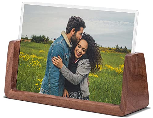 Komimaci 4x6 picture frames, Solid Rustic Wooden Photo Frames with Walnut Wood Base and High Definition Acrylic Glass Covers - for Tabletop or Desktop Display (4x6 inch, Horizontal)